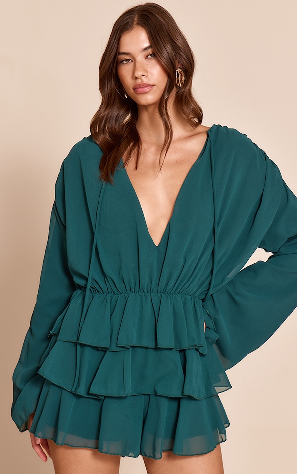 Teal Chiffon V Neck Frill Tiered Romper