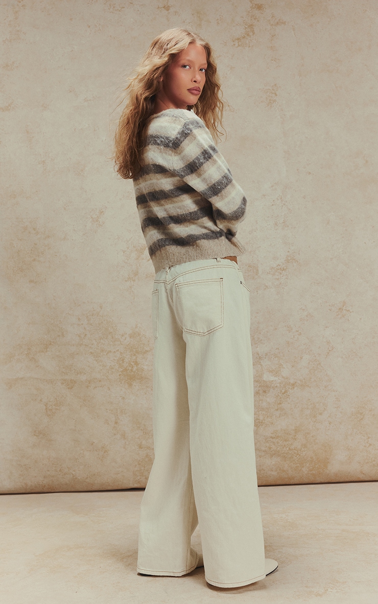 Beige Striped Brushed V Neck Covered Button Knitted Cardigan image 2