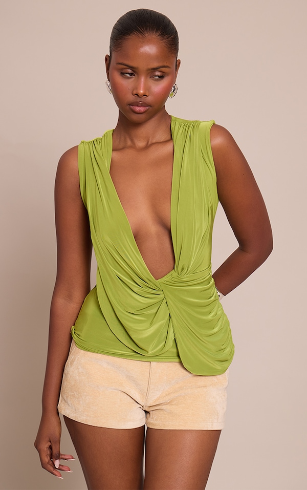 Olive Double Layer Cowl Drape Ruched Long Top