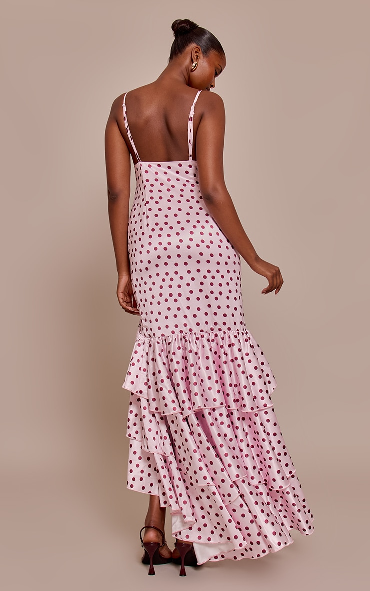 Pink Polka Dot Satin Plunge Extreme Frill Hem Maxi Dress image 2