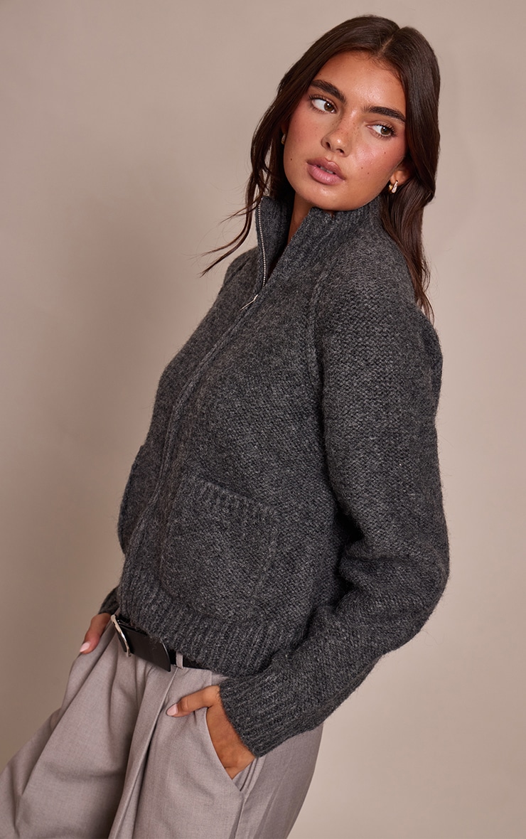 Dark Grey Zip Up Pocket Detail Knitted Cardigan image 1