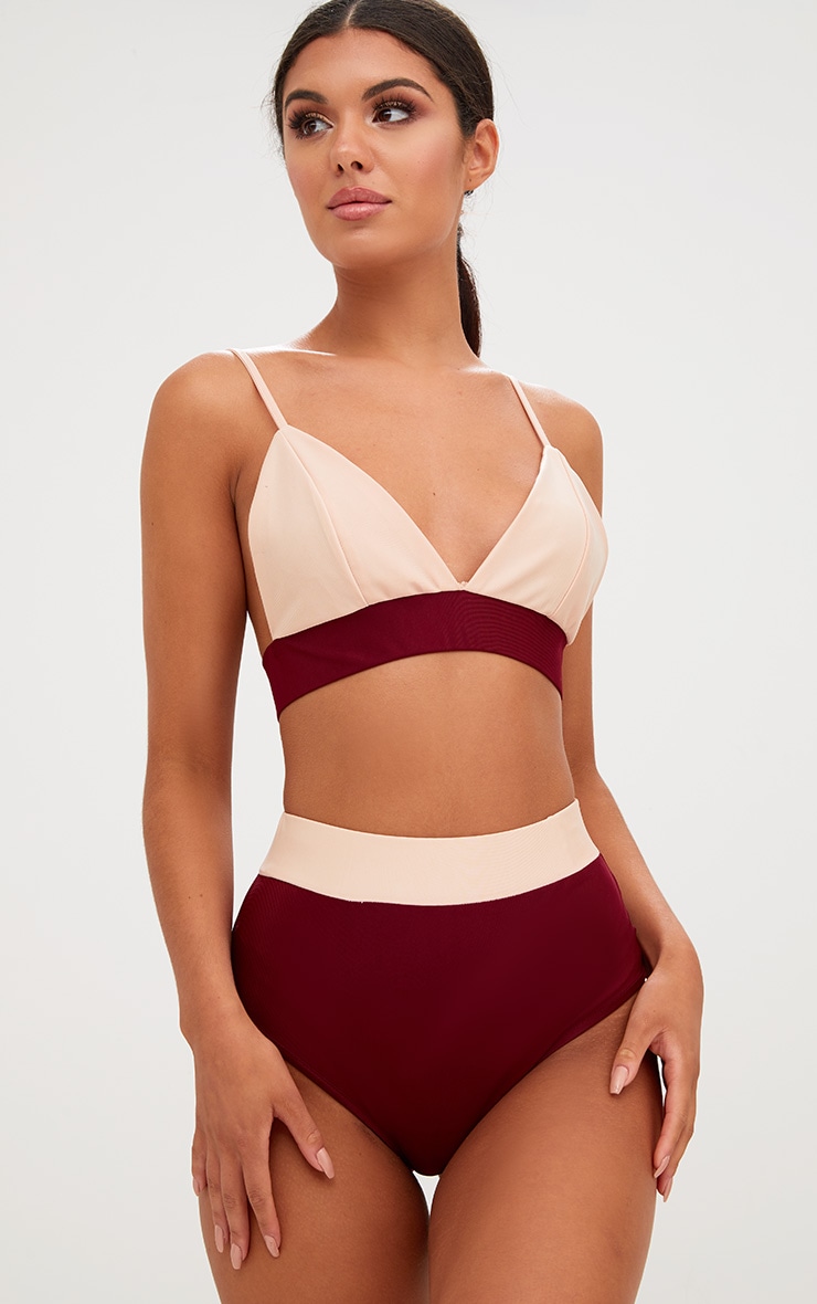 Burgundy Contrast Bikini Top. Swimwear PrettyLittleThing