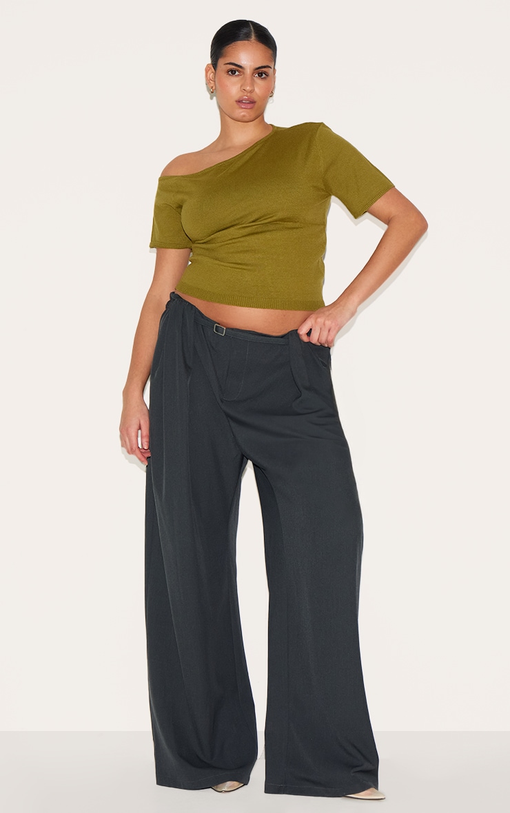 Plus Olive Basic Knit Asymmetric Neckline Top image 3