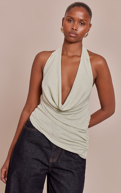 Mint Burnout Mesh Cowl Neck Detail Long Top