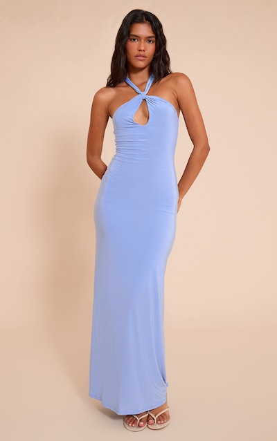Blue Slinky Keyhole Detail Sleeveless Maxi Dress