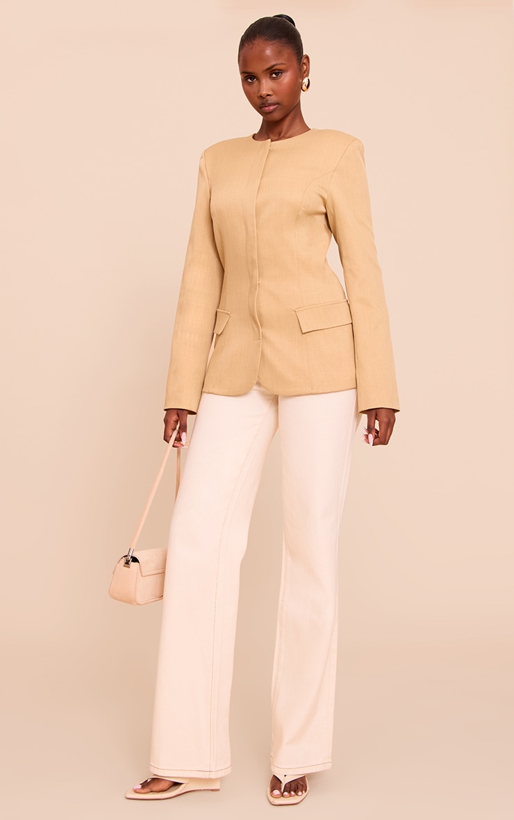 Sand Collarless Cinched Waist Boxy Blazer image 3