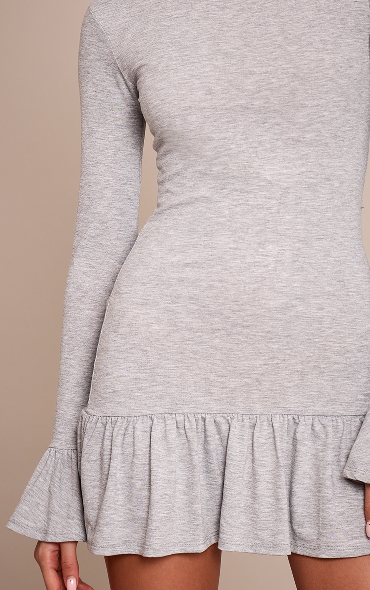 Grey Marl Dropped Frill Hem Long Sleeve Mini Dress image 4