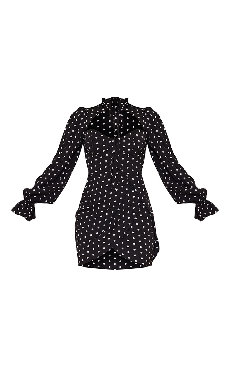 Black Polka Dot Tie Neck Puff Sleeve Wrap Skirt Bodycon Dress image 5