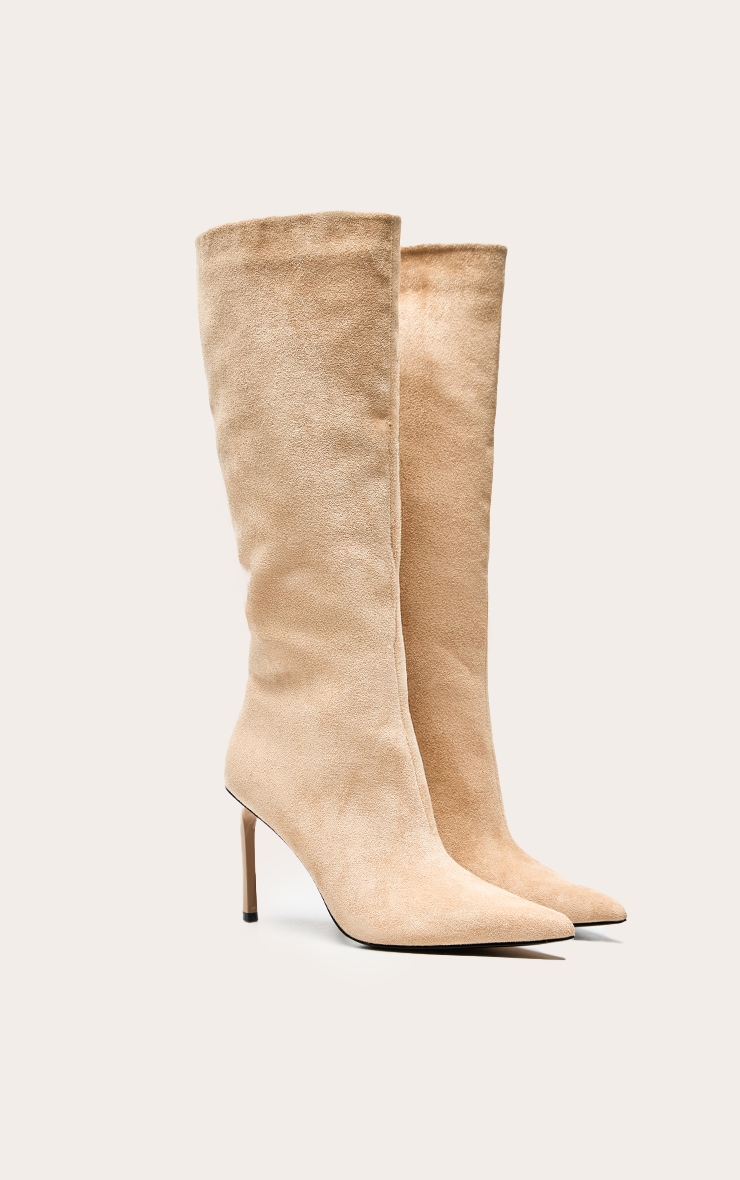 Sand Faux Suede Knee High Stiletto Heeled Boot image 3