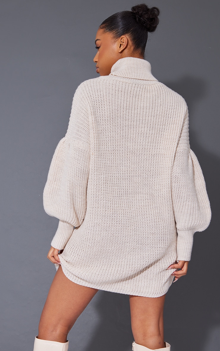 Oatmeal Chunky Knit Roll Neck Oversized Sweater Dress image 2