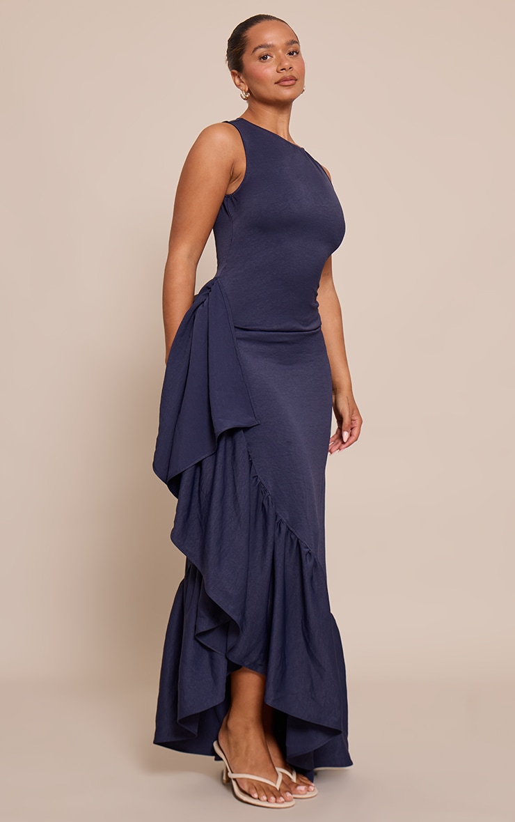 Shape Navy Stretch Woven Boat Neck Side Split Frill Maxi Dress image 3