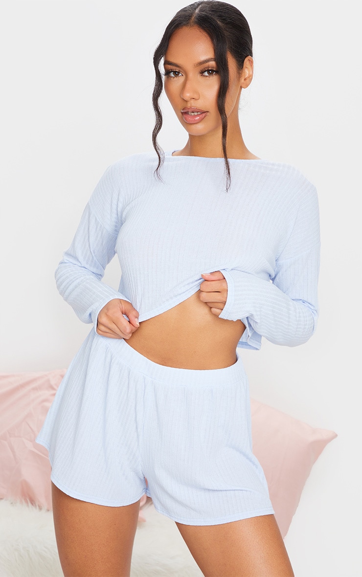 Baby Blue Soft Rib Drop Shoulder Top And Skater Shorts Pj Set