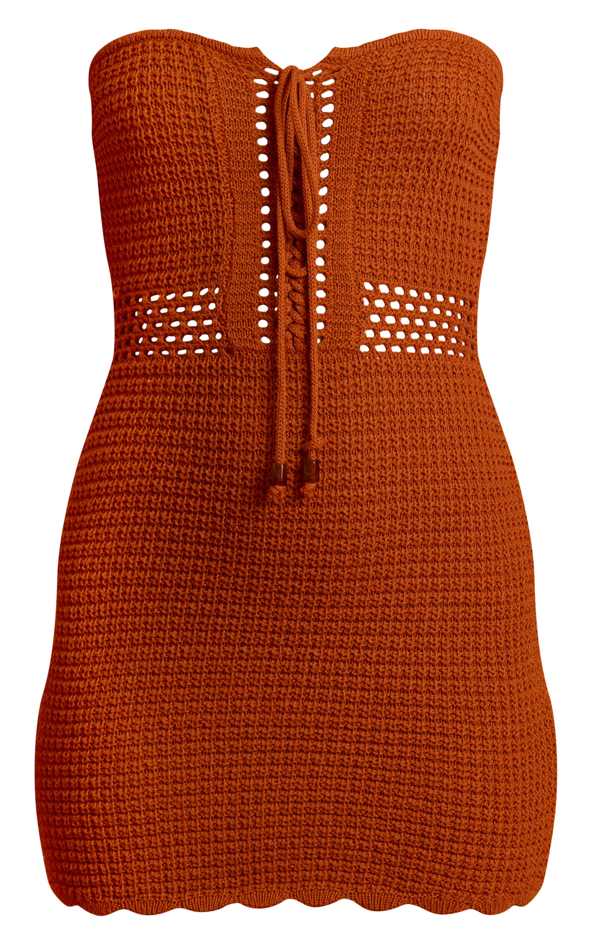 Burnt Orange Crochet Knit Bandeau Front Tie Mini Dress image 5
