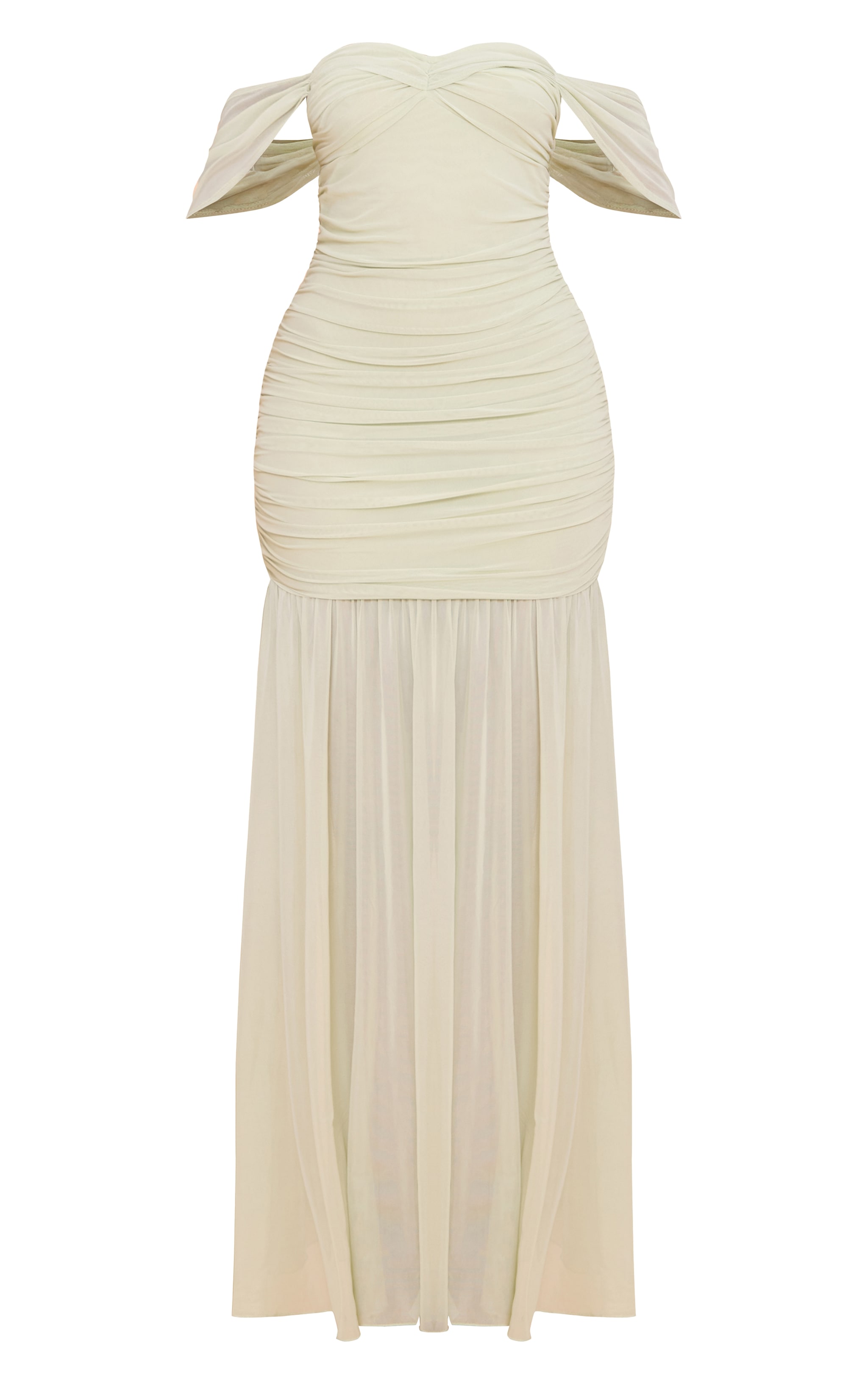 Robe longue en mesh vert sauge froncée à col bardot image 5