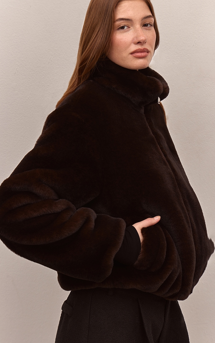 Dark Chocolate Plush Faux Fur Cropped Bomber Style Coat image 4