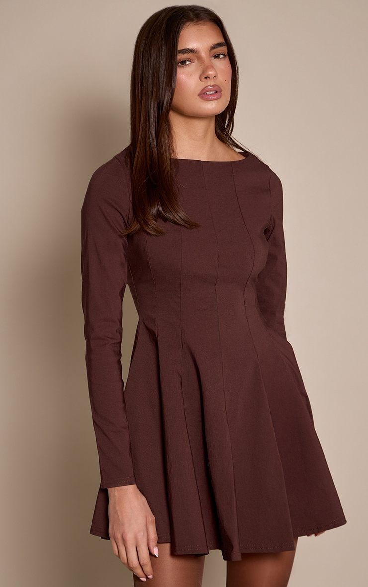 Chocolate Stretch Woven Boat Neck Long Sleeve Pleated Shift Dress image 1