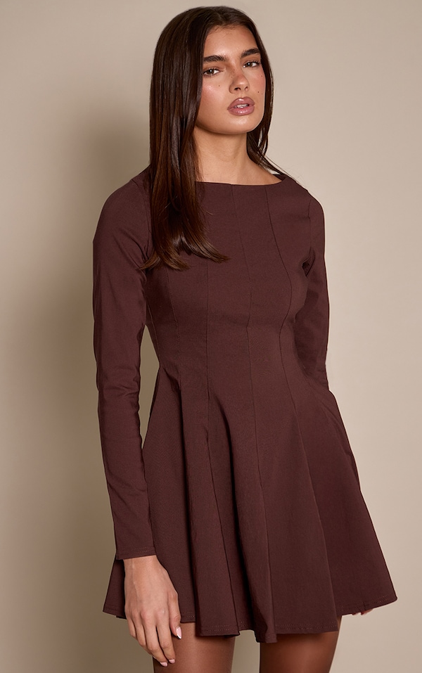 Chocolate Stretch Woven Boat Neck Long Sleeve Pleated Shift Dress
