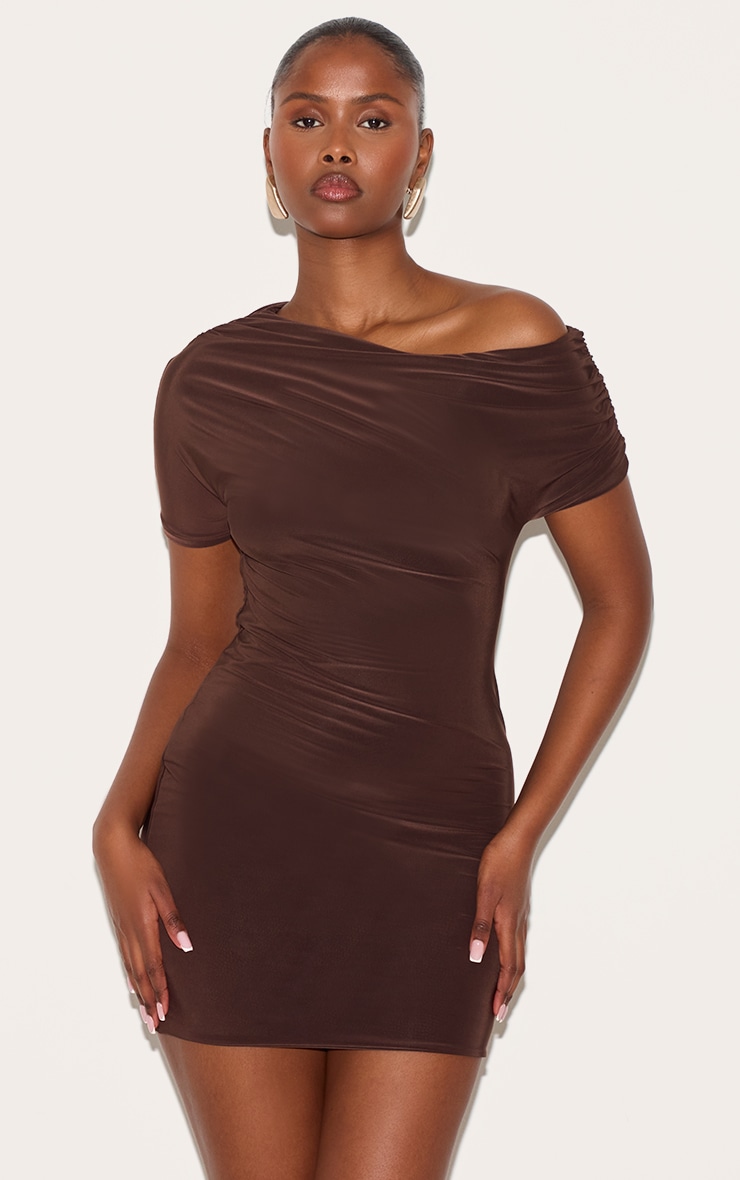  Chocolate Slinky Off The Shoulder Ruched Mini Dress image 1