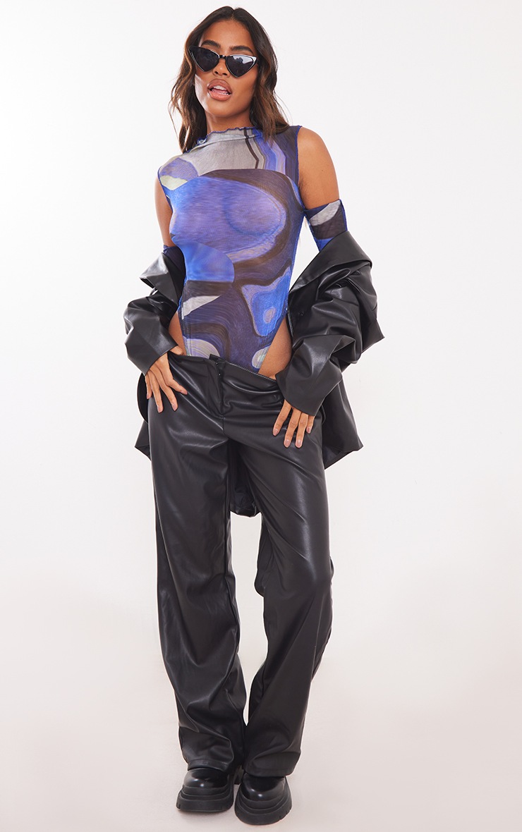 Blue Printed Mesh Cold Shoulder Bodysuit