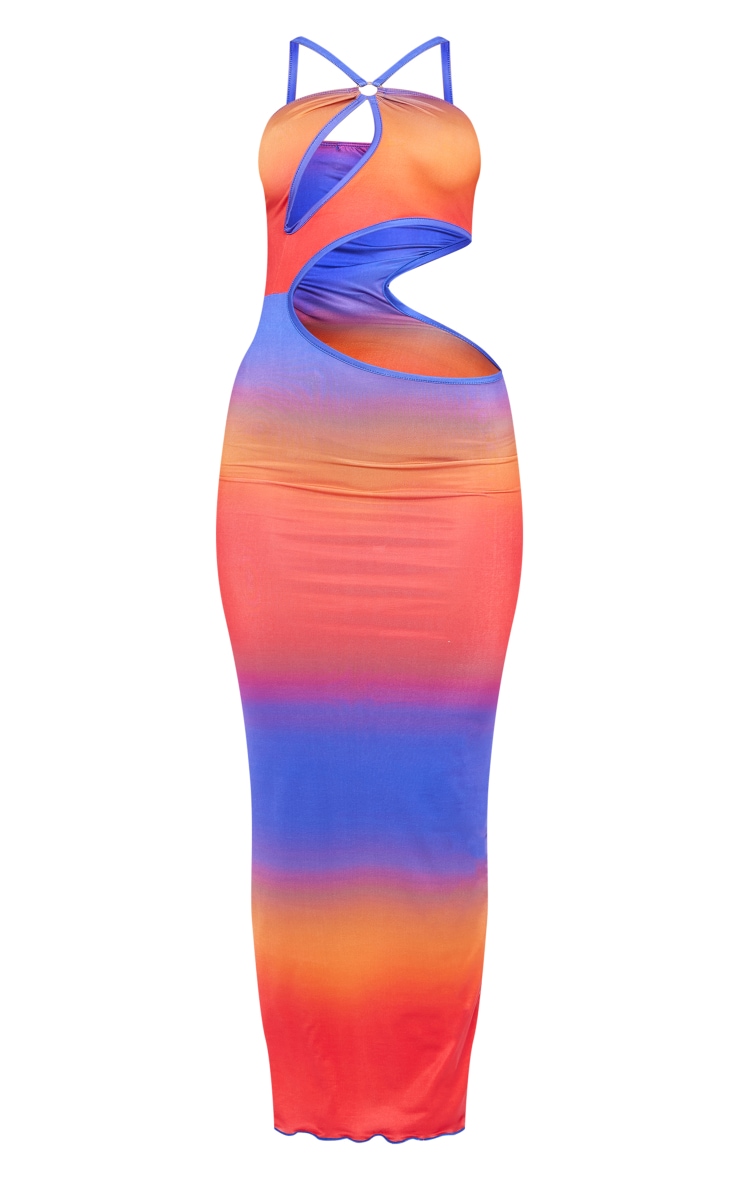 Multi Ombre Print Slinky Ring Detail Cut Out Maxi Dress image 5