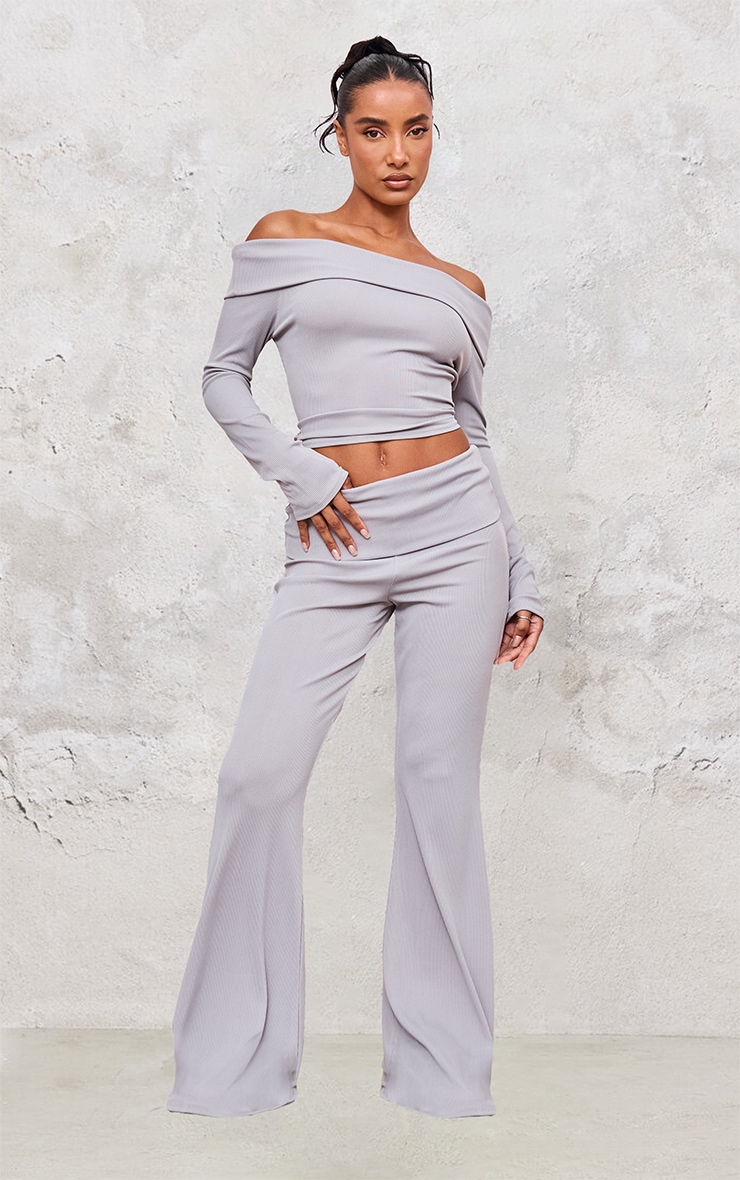 Light Grey Rib Foldover Bardot Flute Sleeve Longline Top image 3