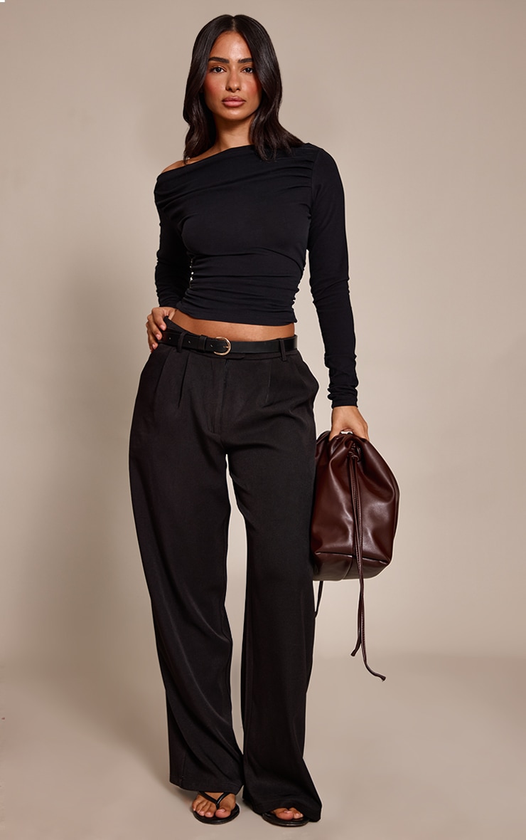Petite Black Soft Cotton Ruched Asymmetric Long Sleeve Top