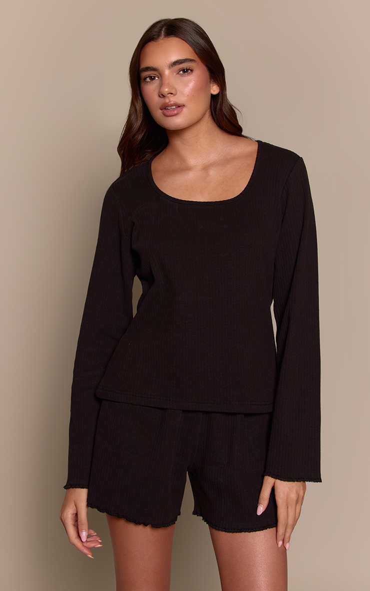 Black Ribbed Slouchy Pyjama Shorts image 1