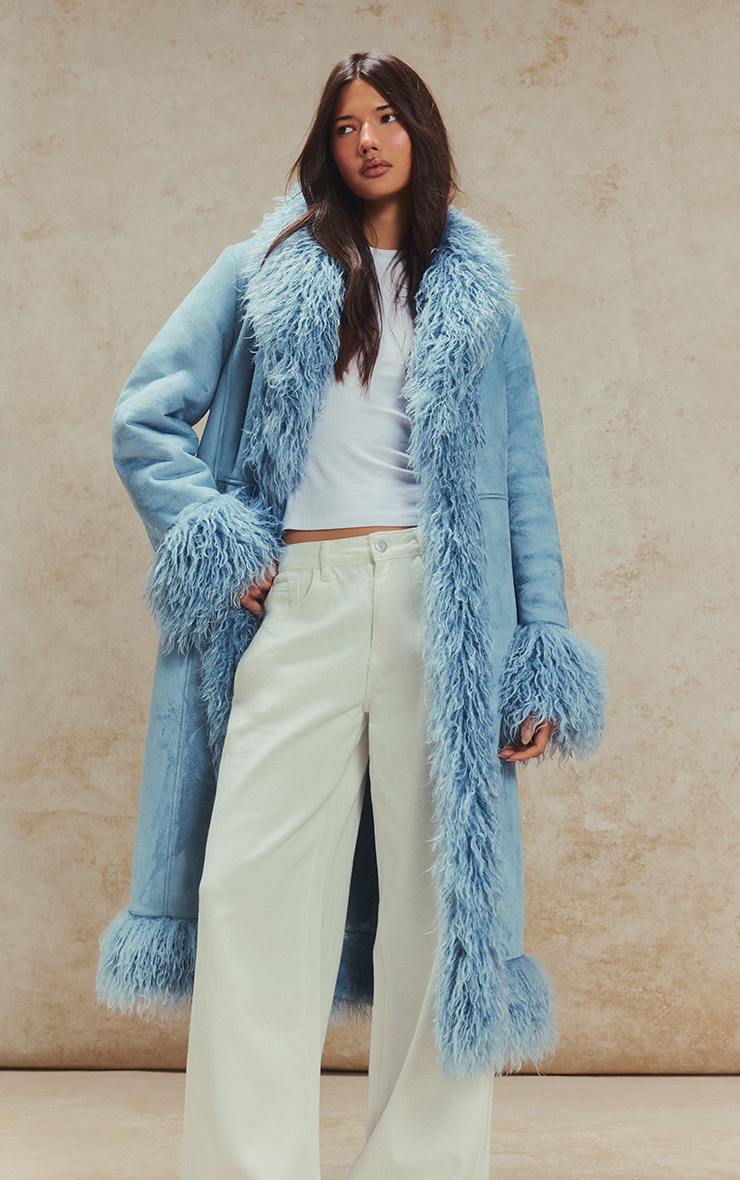Powder Blue Faux Fur Trim Maxi Coat image 1