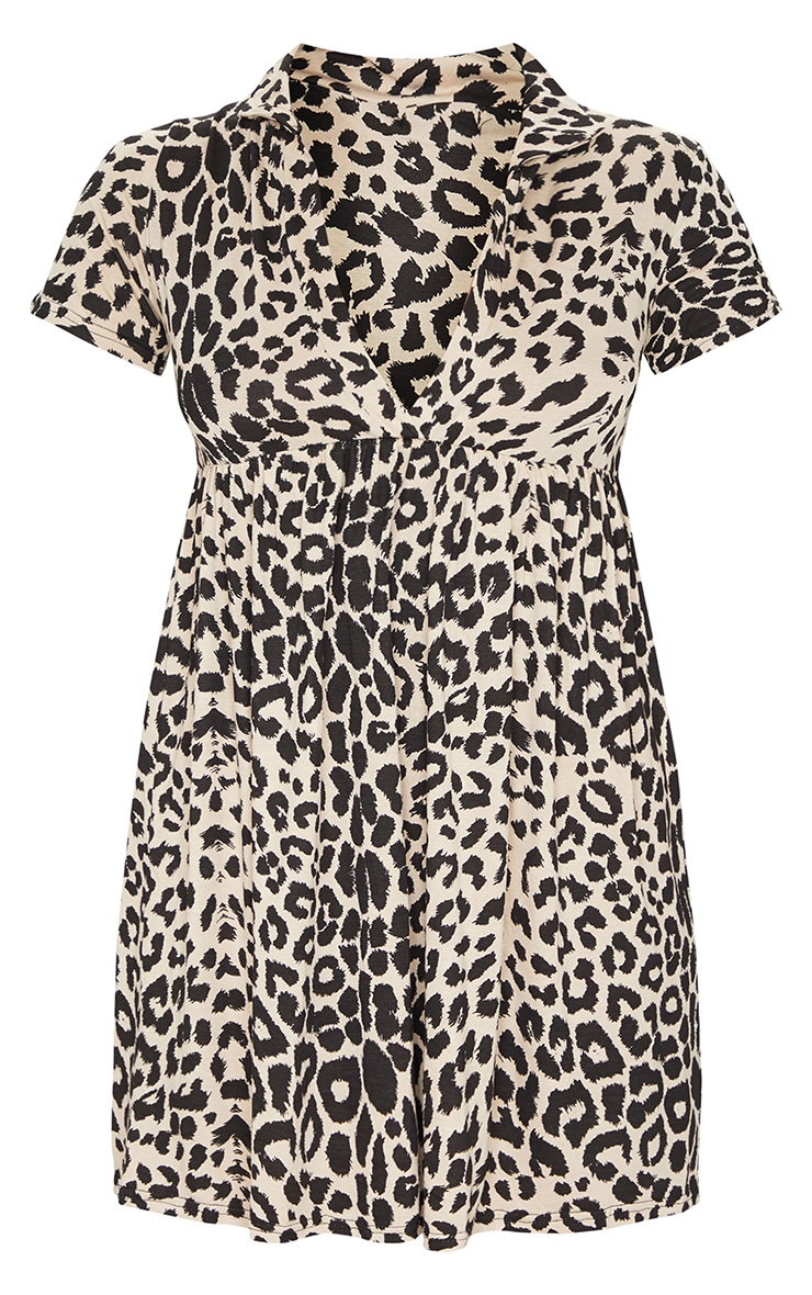 Brown Leopard Print V Neck Smock Dress image 5