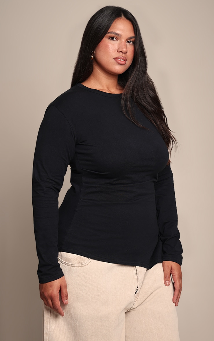 Plus Black Cotton Ruched Side Long Sleeve T-shirt  image 1