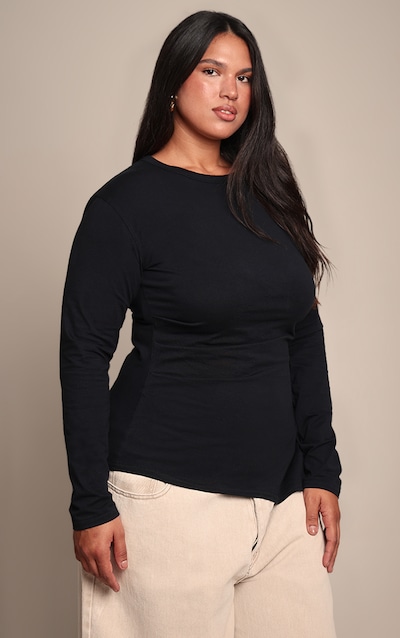 Plus Black Cotton Ruched Side Long Sleeve T-shirt