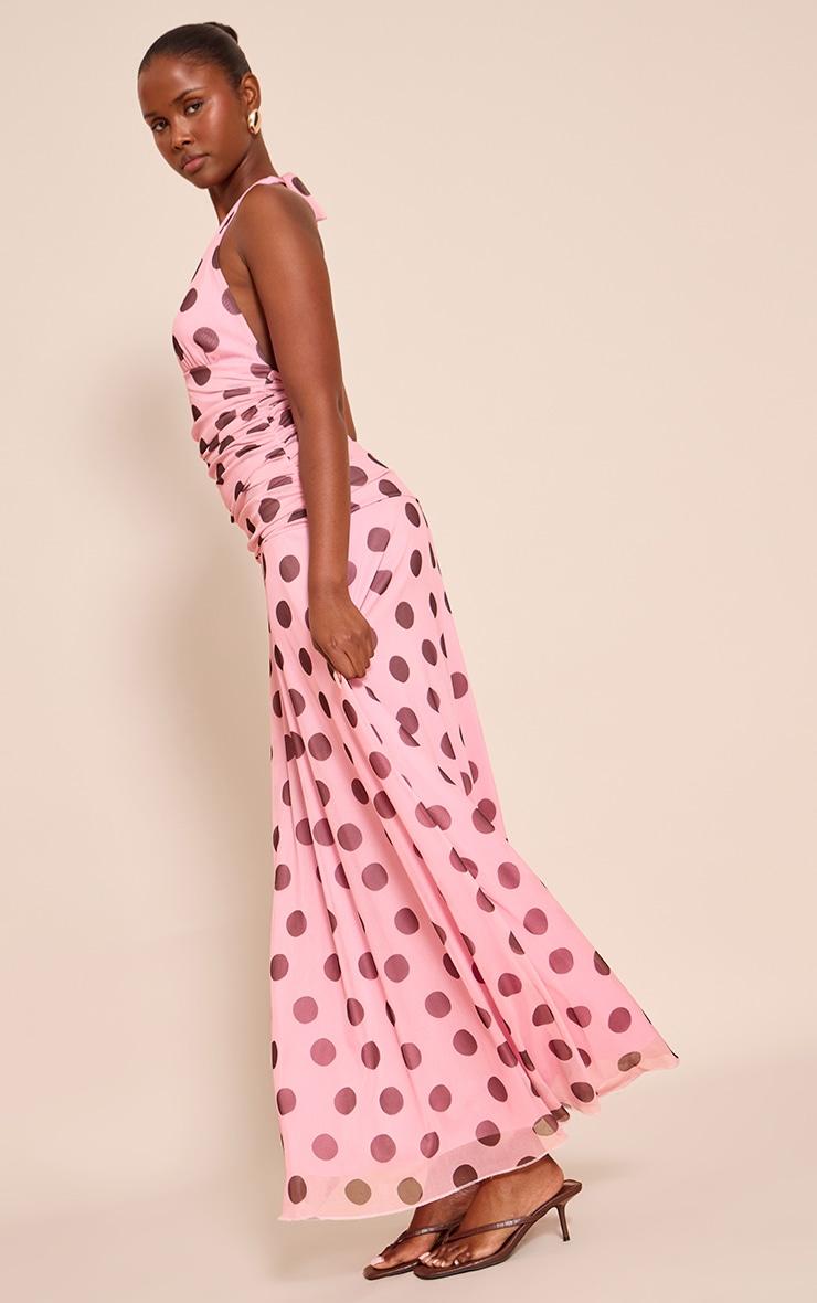 Pink Polka Dot Chiffon Halterneck Maxi Dress image 3