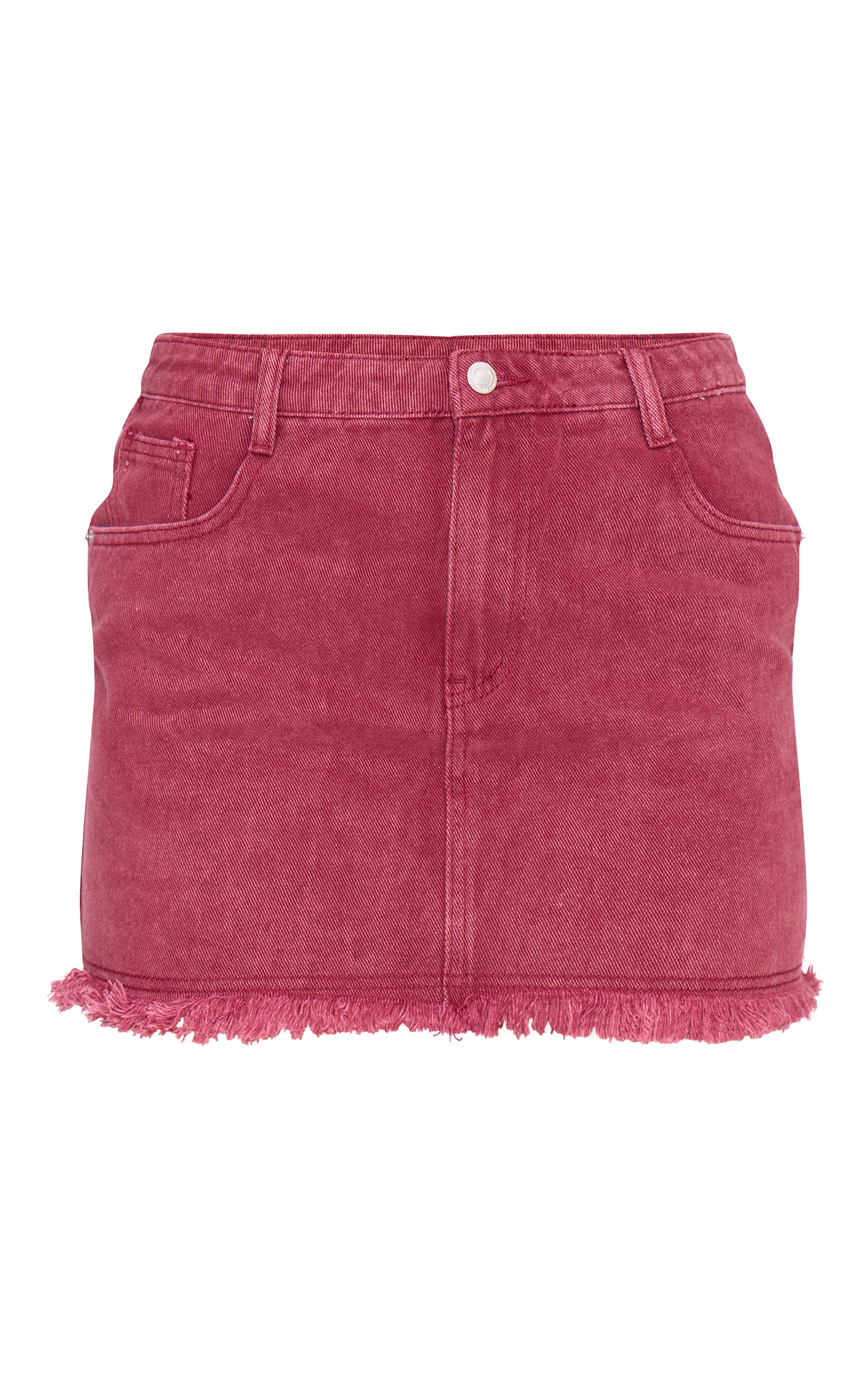 Washed Burgundy Raw Hem Denim Mini Skirt image 2