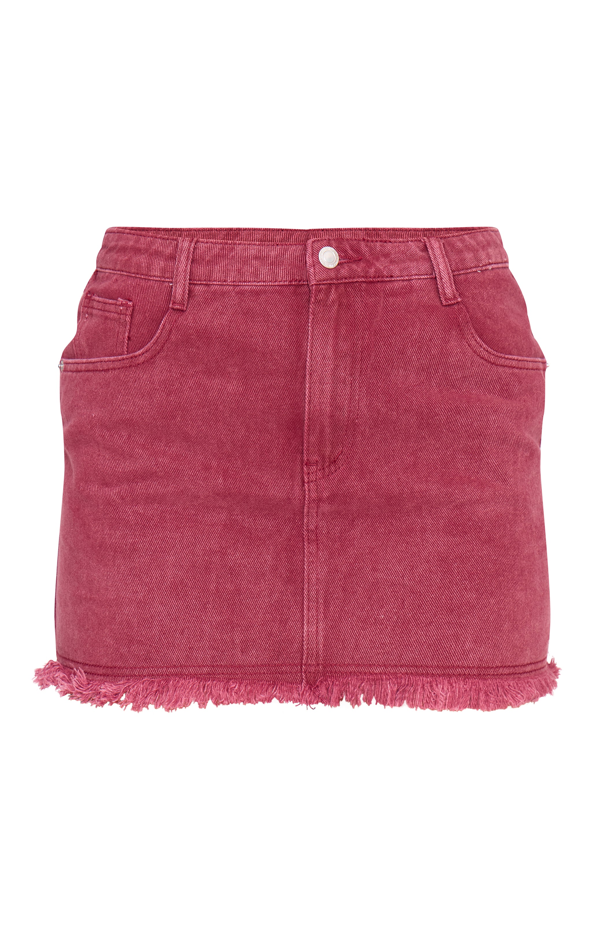 Washed Burgundy Raw Hem Denim Mini Skirt image 6