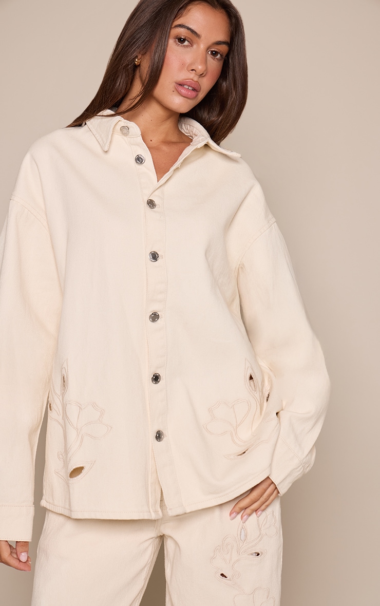 Ecru Floral Embroidery Cut Out Detail Denim Shirt