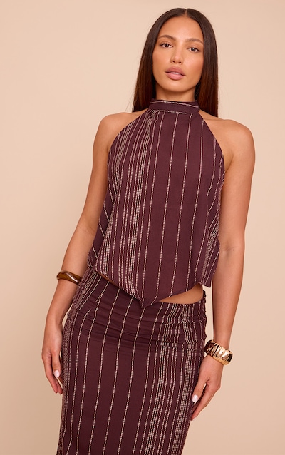 Tall Dark Brown Embroidered Stripe Halterneck Top
