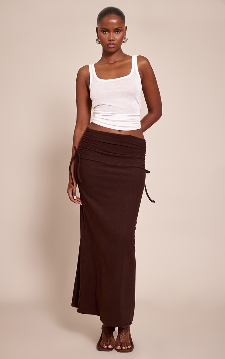Chocolate Brushed Rib Ruched Detail Maxi Skirt image 1