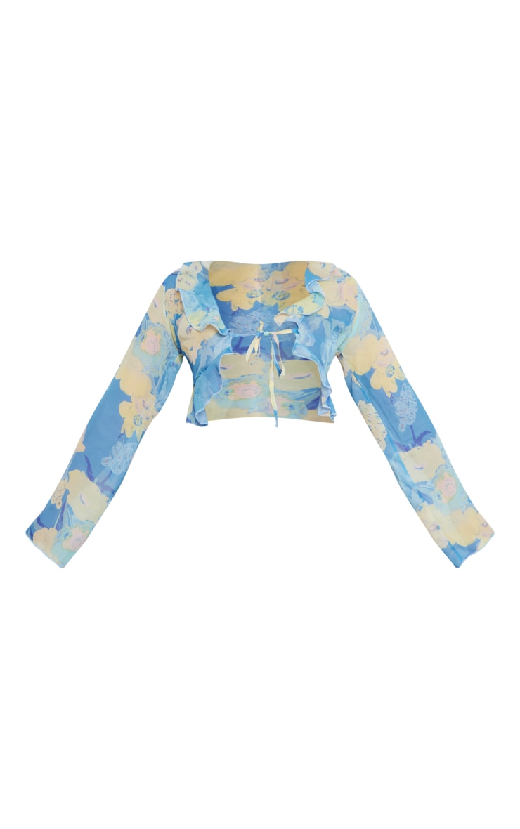 Blouse en mousseline de soie bleue imprimée à bordure volantée image 5