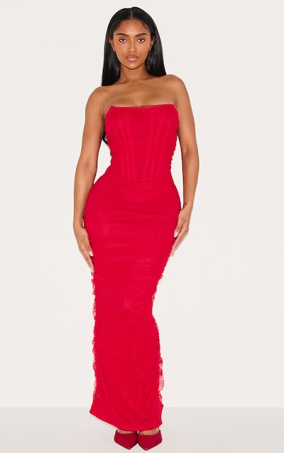 Shape Red Mesh Corset Bandeau Maxi Dress