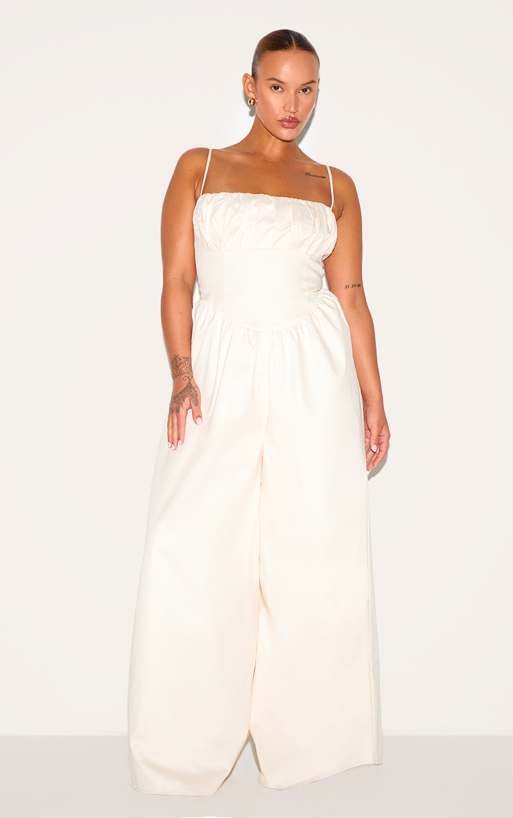 Plus Cream Premium Ruched Corset Detail Wide Leg Jumpsuit image 1