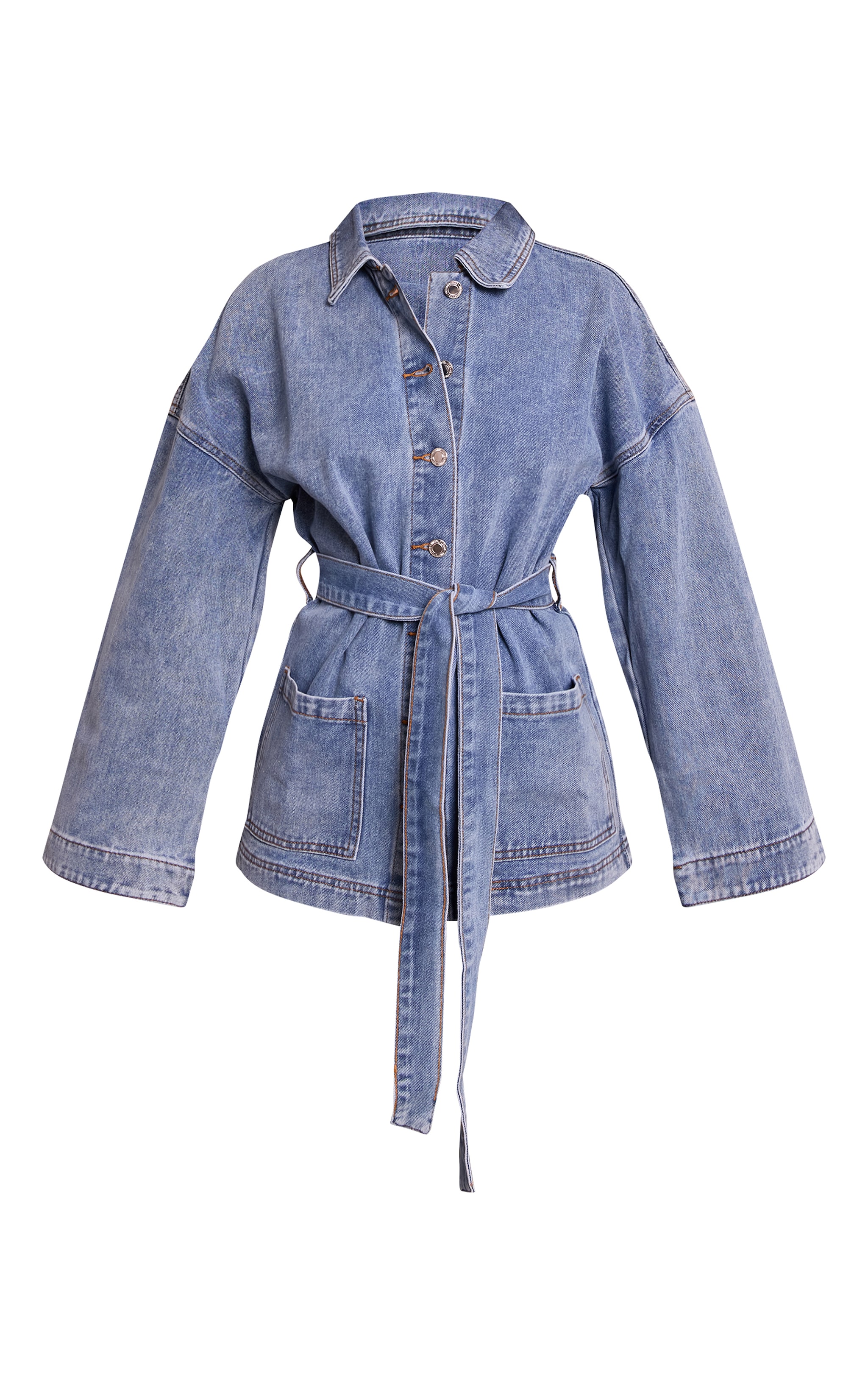 Petite Mid Blue Tie Waist Utility Denim Jacket image 5