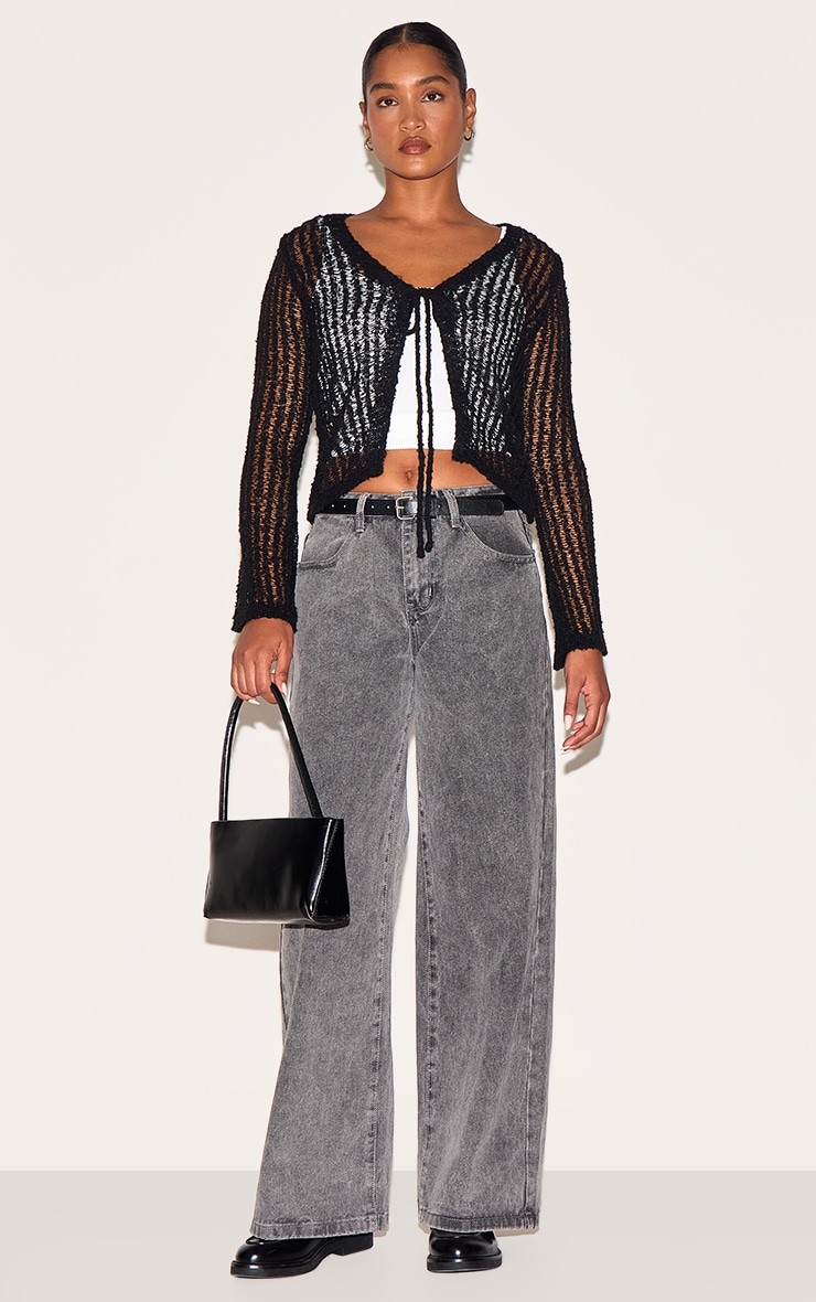 Black Ladder Knit Sheer Cropped Tie Front Top image 3