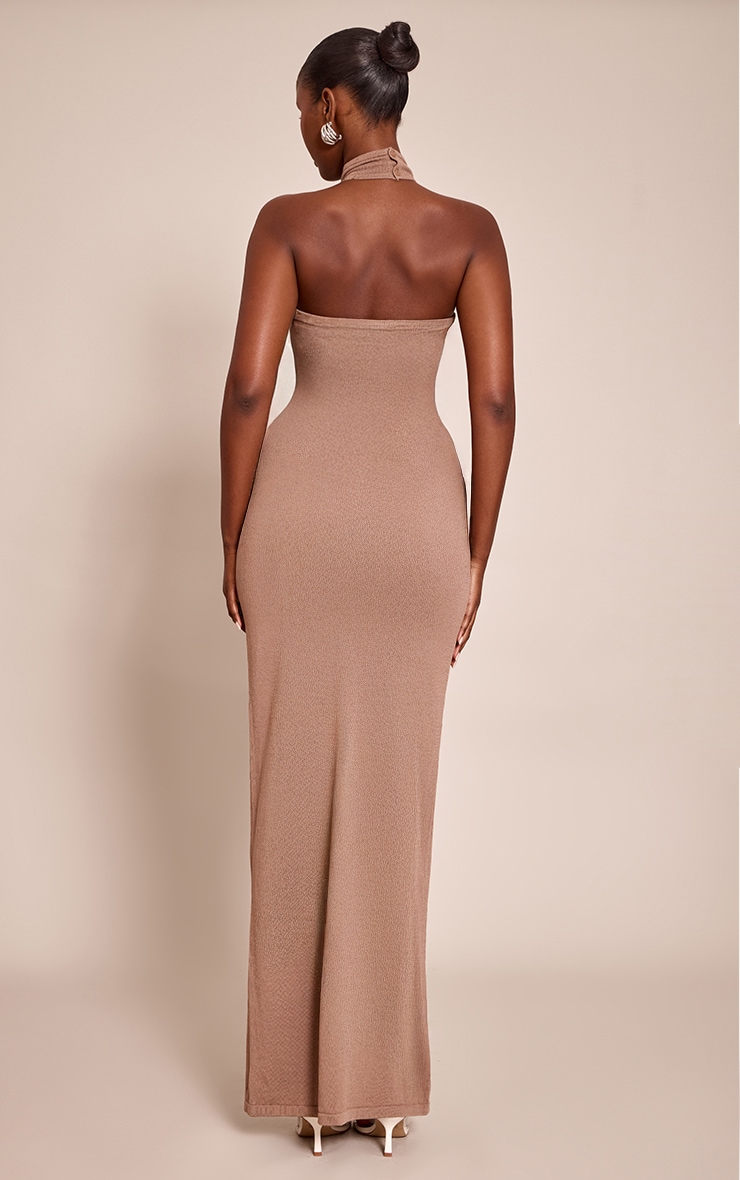 Mocha Trim Halter Neck Knitted Maxi Dress image 2