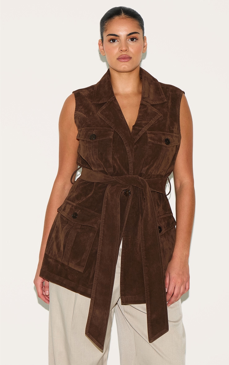 Plus Veste longue style utilitaire en suédine marron sans manches à ceinture image 1