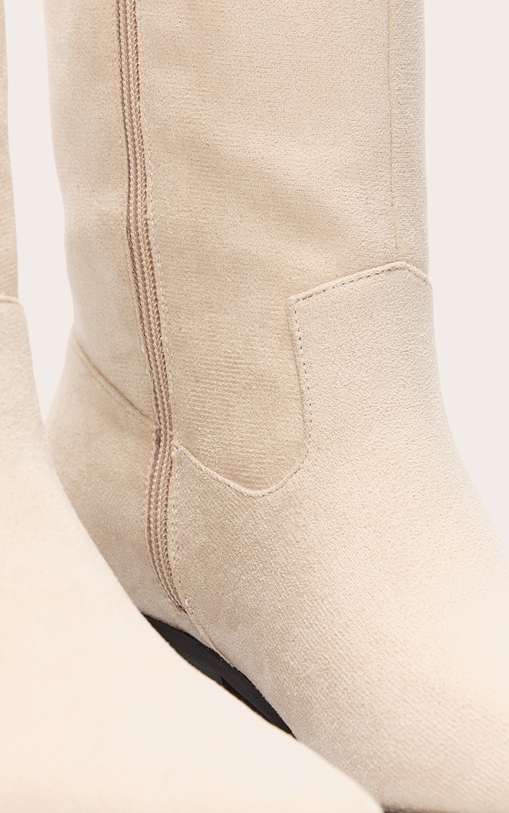 Cream Faux Suede Point Toe Western Knee High Boots image 4