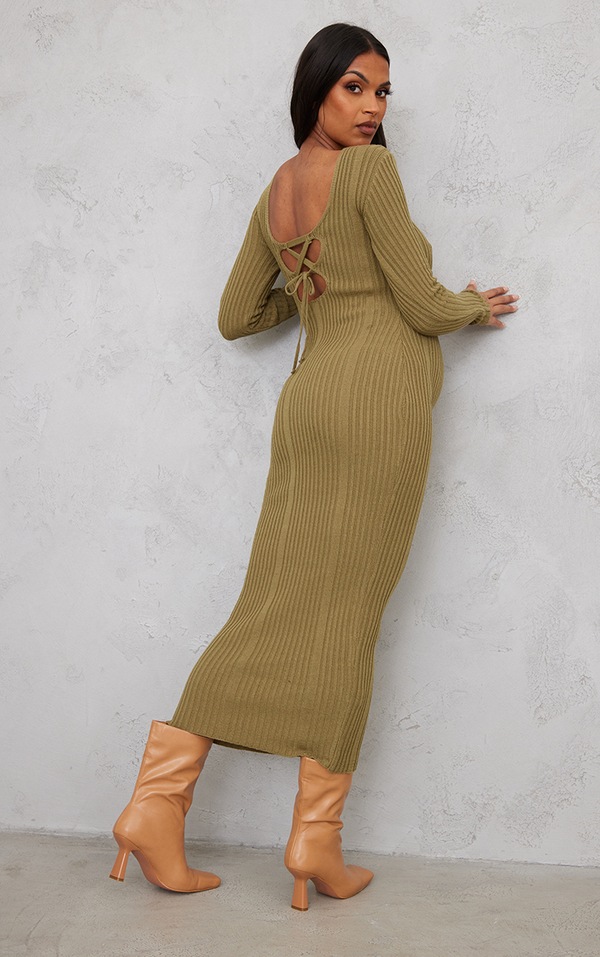 Maternity Khaki Knitted Midaxi Tie Back Bodycon Dress image 5