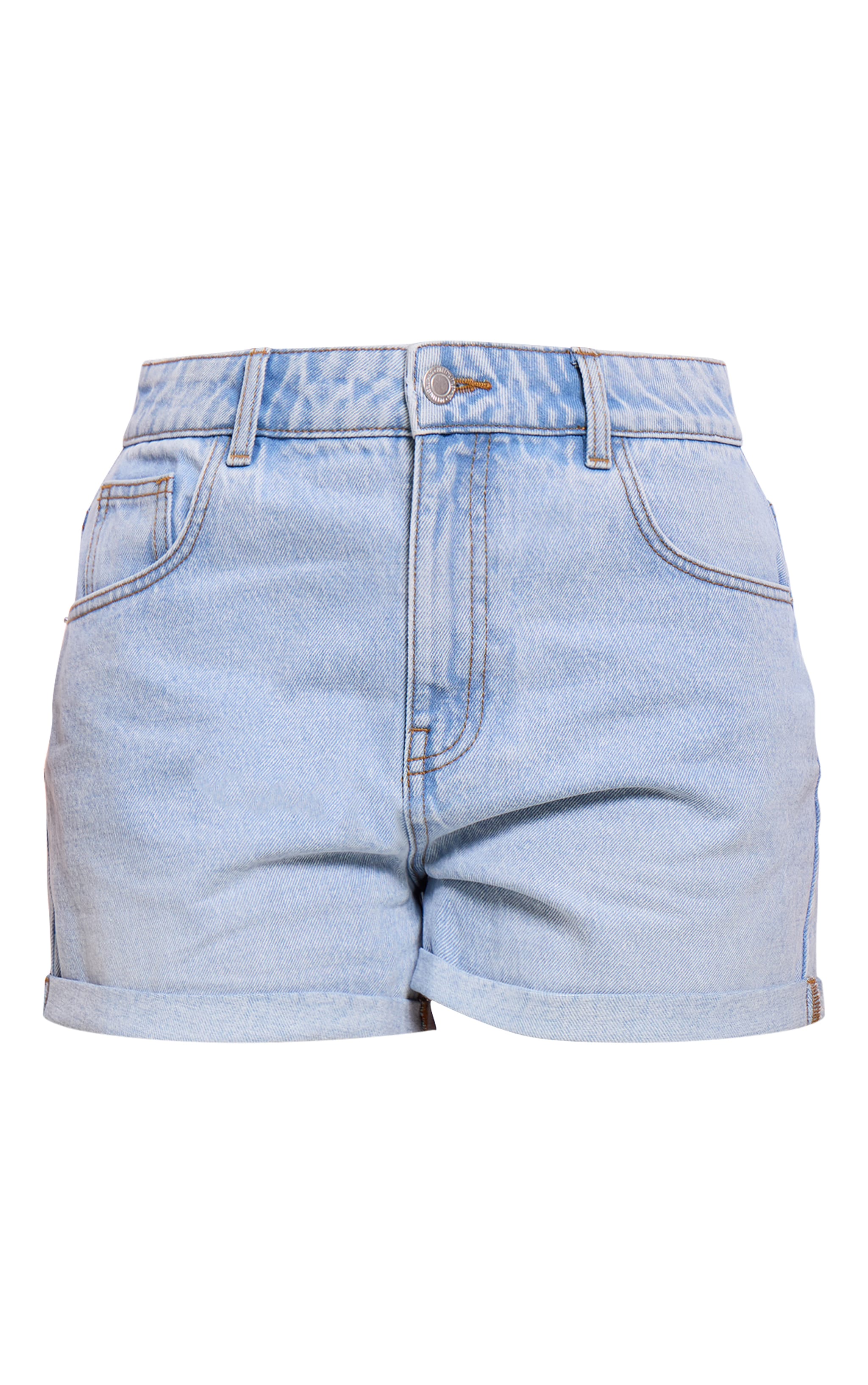 PRETTYLITTLETHING Petite Light Blue Turn Up Mom Denim Shorts image 6