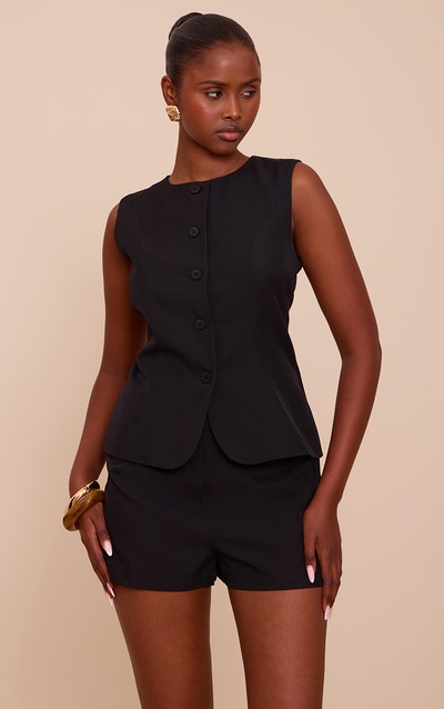 Black Woven Button Down Overlay Romper