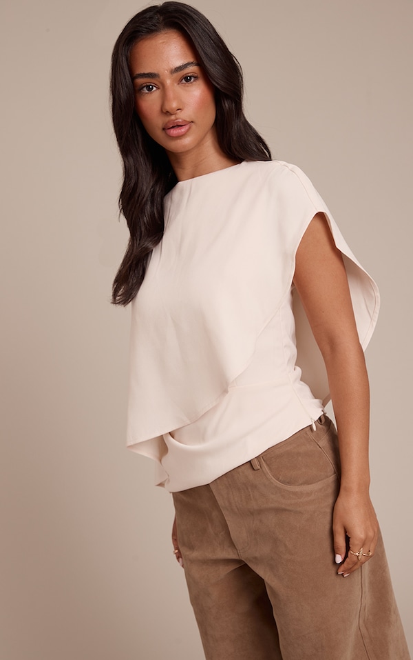 Petite Cream Woven Overlay Asymmetric Top