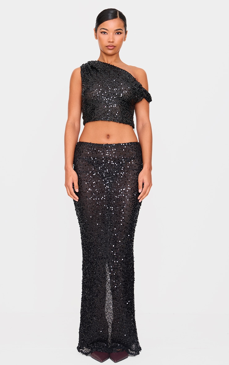 Black Sequin Textured Asymmetric Top image 3